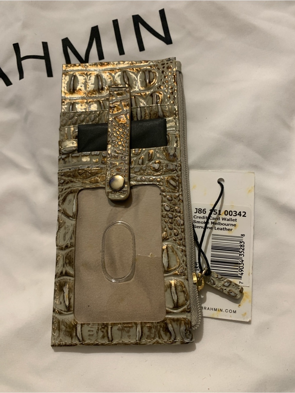 New Brahmin Slim Embossed Leather Credit Card Wallet in Smoke